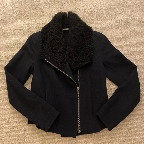 Vince Dark Blue wool Lamb Shearling Cashmere Moto Jacket. Size XS